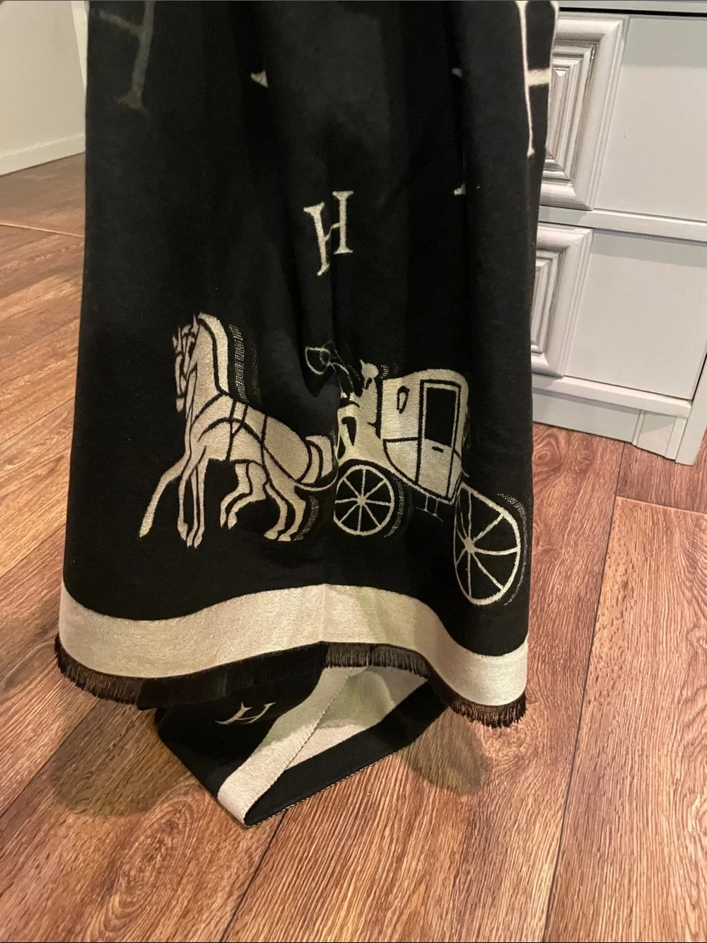 Luxury Black & Cream Soft Scarf with Horse and Carriages Motif